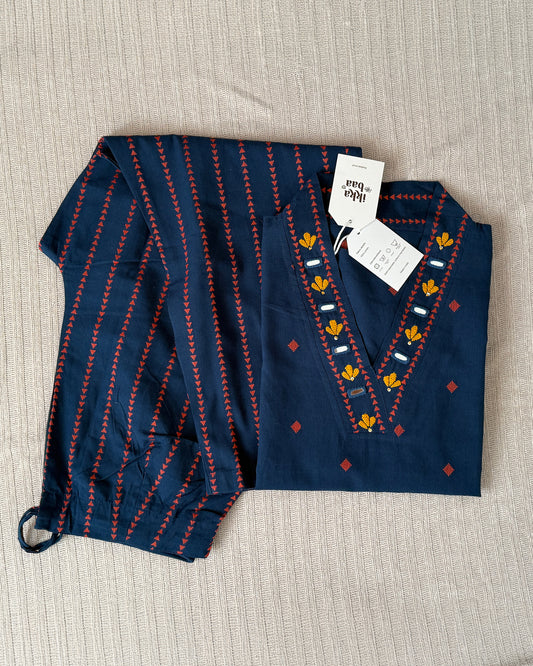 Embroidered Cotton Kurta Set - Navy Blue with Mirror work