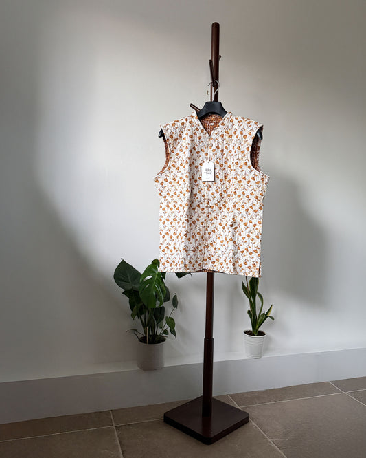 Reversible Quilted Cotton Gilet - Brown and White