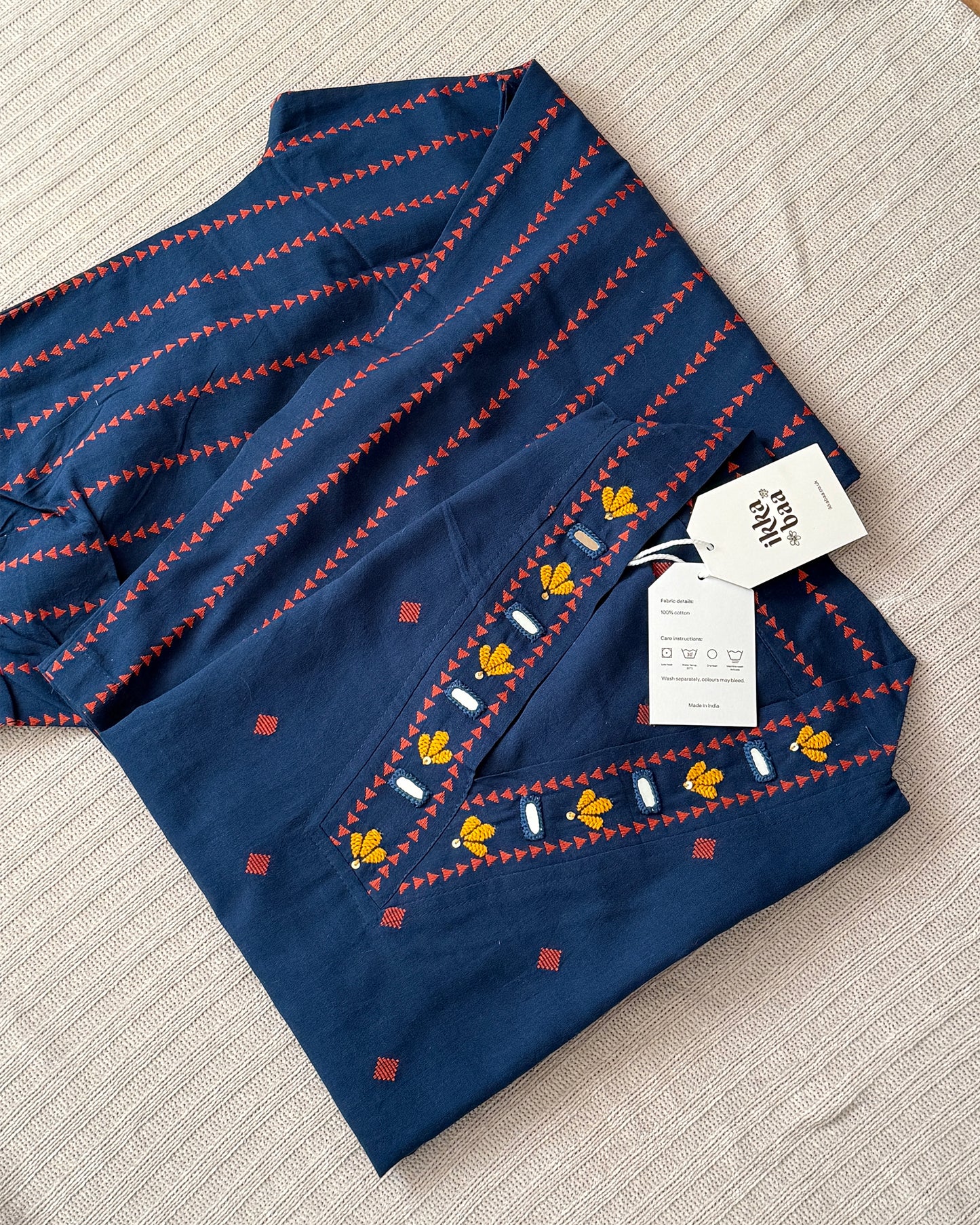 Embroidered Cotton Kurta Set - Navy Blue with Mirror work
