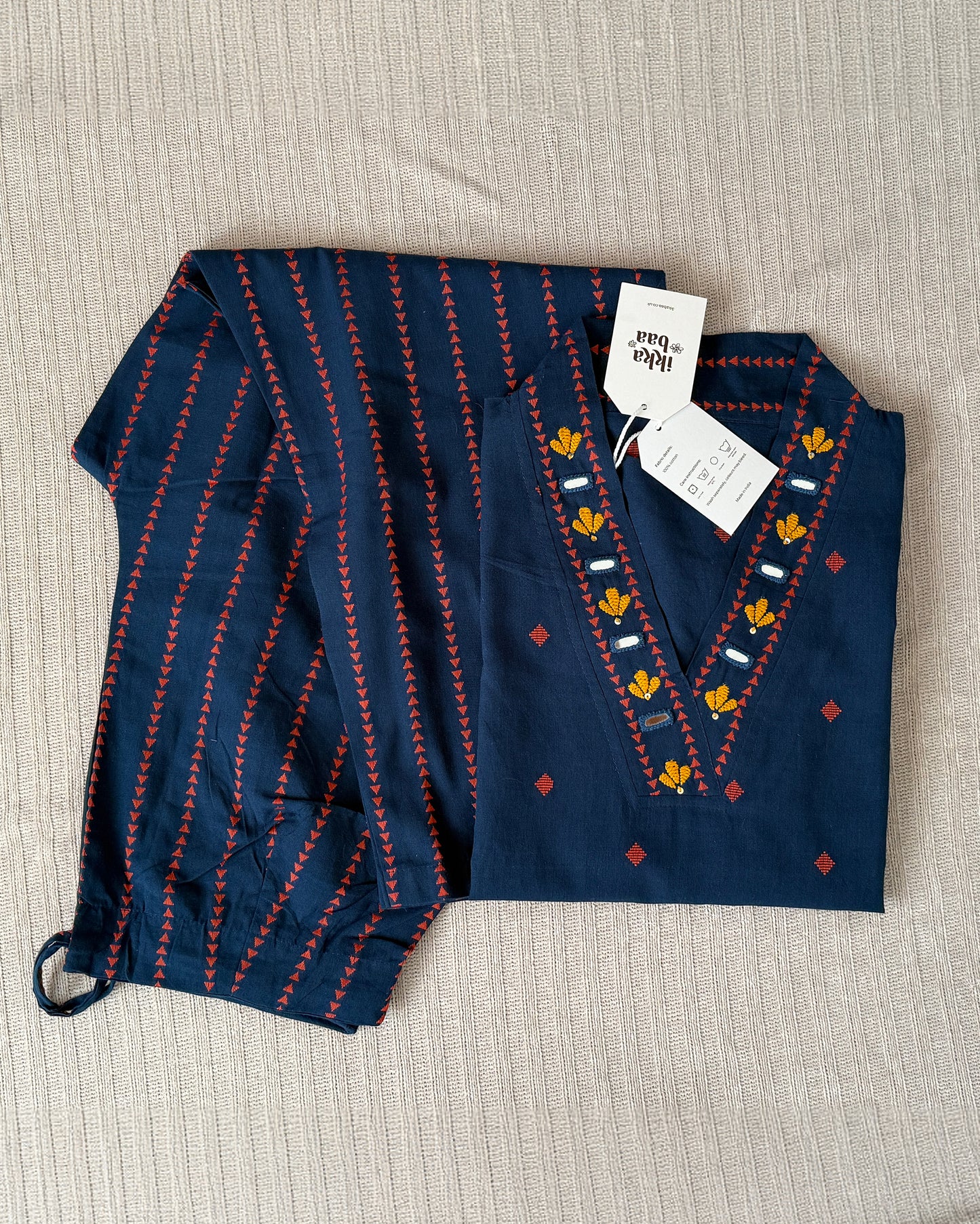 Embroidered Cotton Kurta Set - Navy Blue with Mirror work