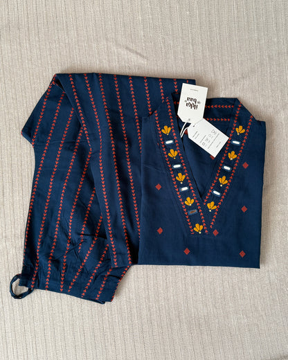 Embroidered Cotton Kurta Set - Navy Blue with Mirror work