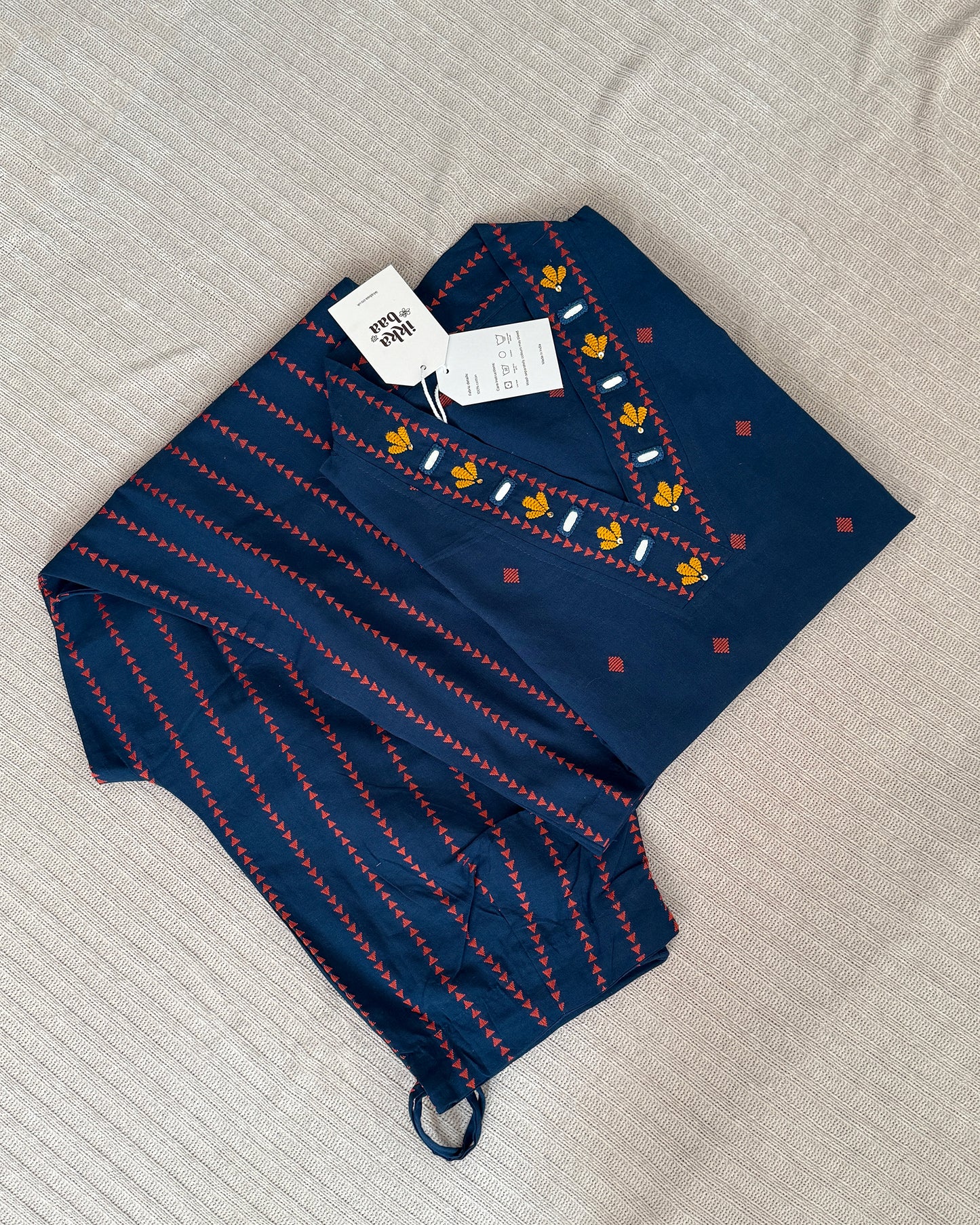 Embroidered Cotton Kurta Set - Navy Blue with Mirror work