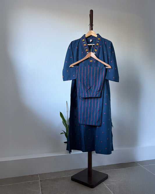 Embroidered Cotton Kurta Set - Navy Blue with Mirror work