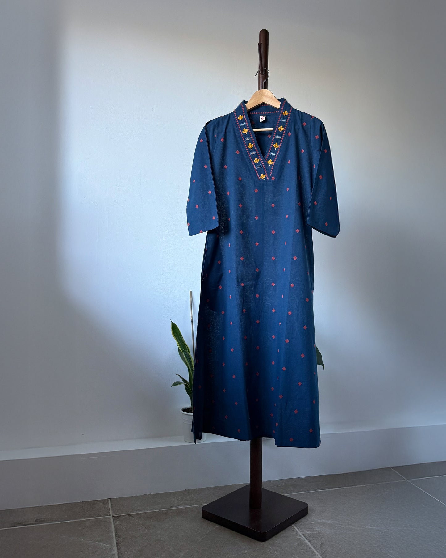 Embroidered Cotton Kurta Set - Navy Blue with Mirror work
