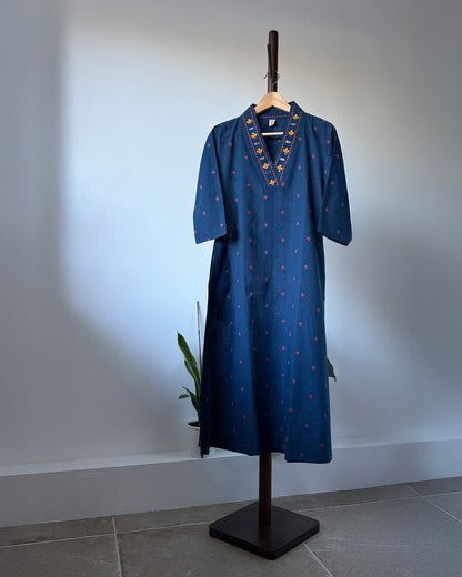 Embroidered Cotton Kurta Set - Navy Blue with Mirror work