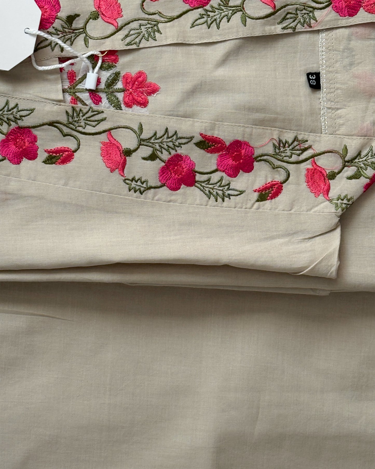 Embroidered Cotton Kurta Set - Beige with Pink Floral Detailing