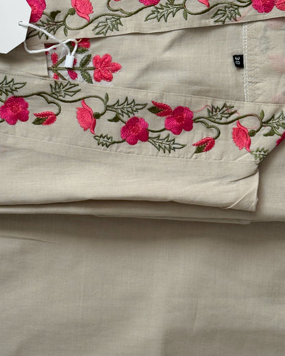 Embroidered Cotton Kurta Set - Beige with Pink Floral Detailing