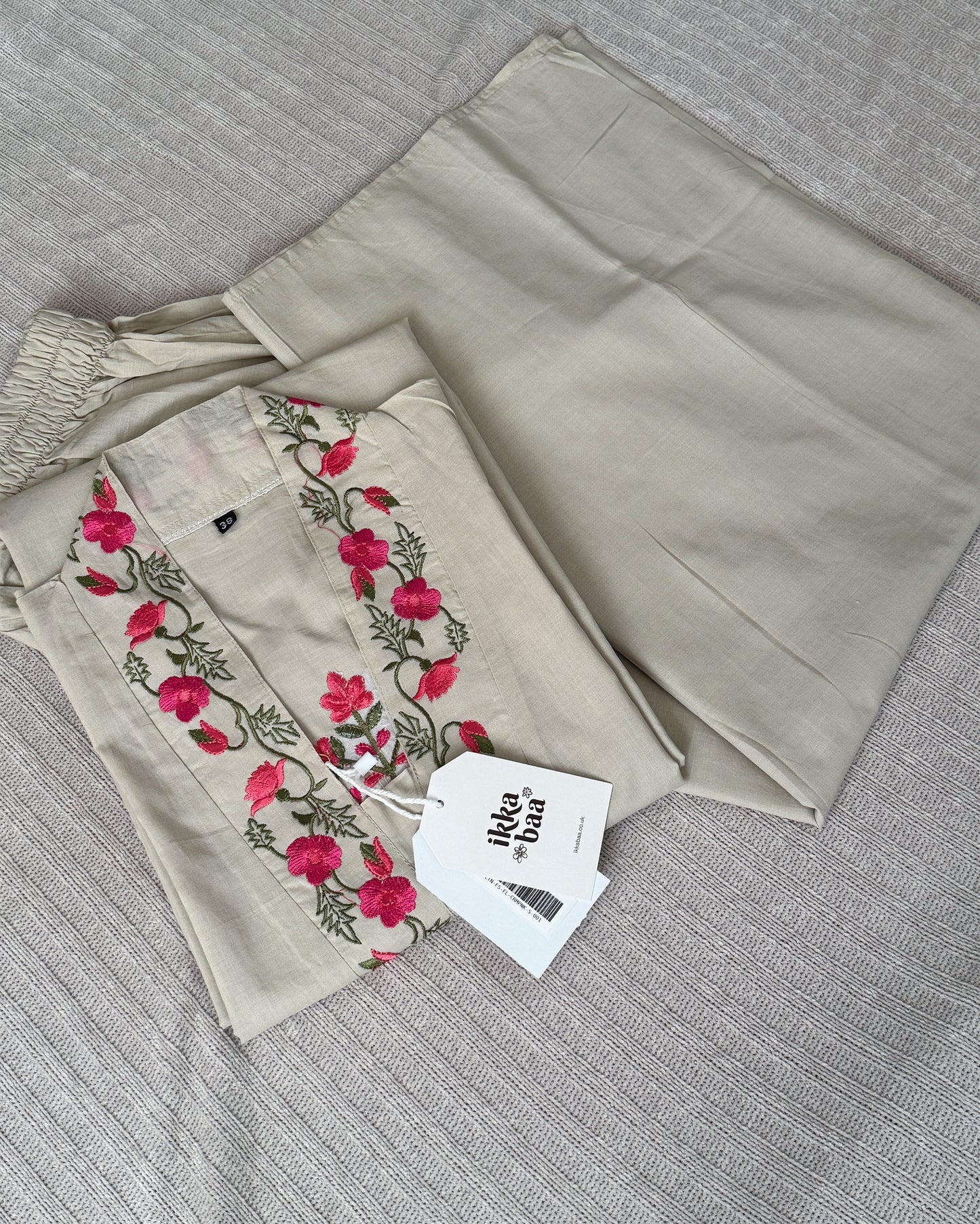 Embroidered Cotton Kurta Set - Beige with Pink Floral Detailing