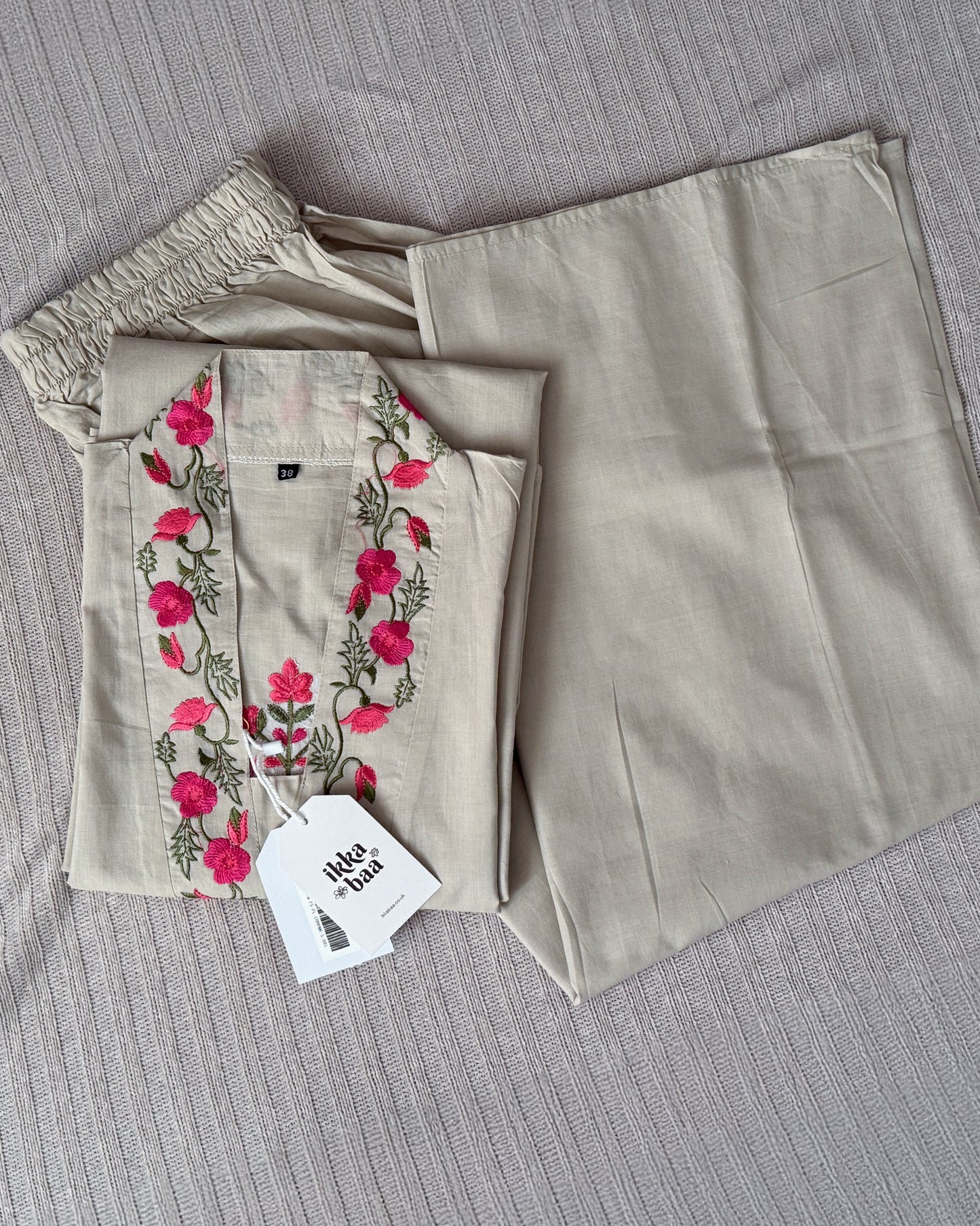 Embroidered Cotton Kurta Set - Beige with Pink Floral Detailing