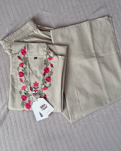 Embroidered Cotton Kurta Set - Beige with Pink Floral Detailing