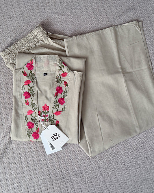 Embroidered Cotton Kurta Set - Beige with Pink Floral Detailing