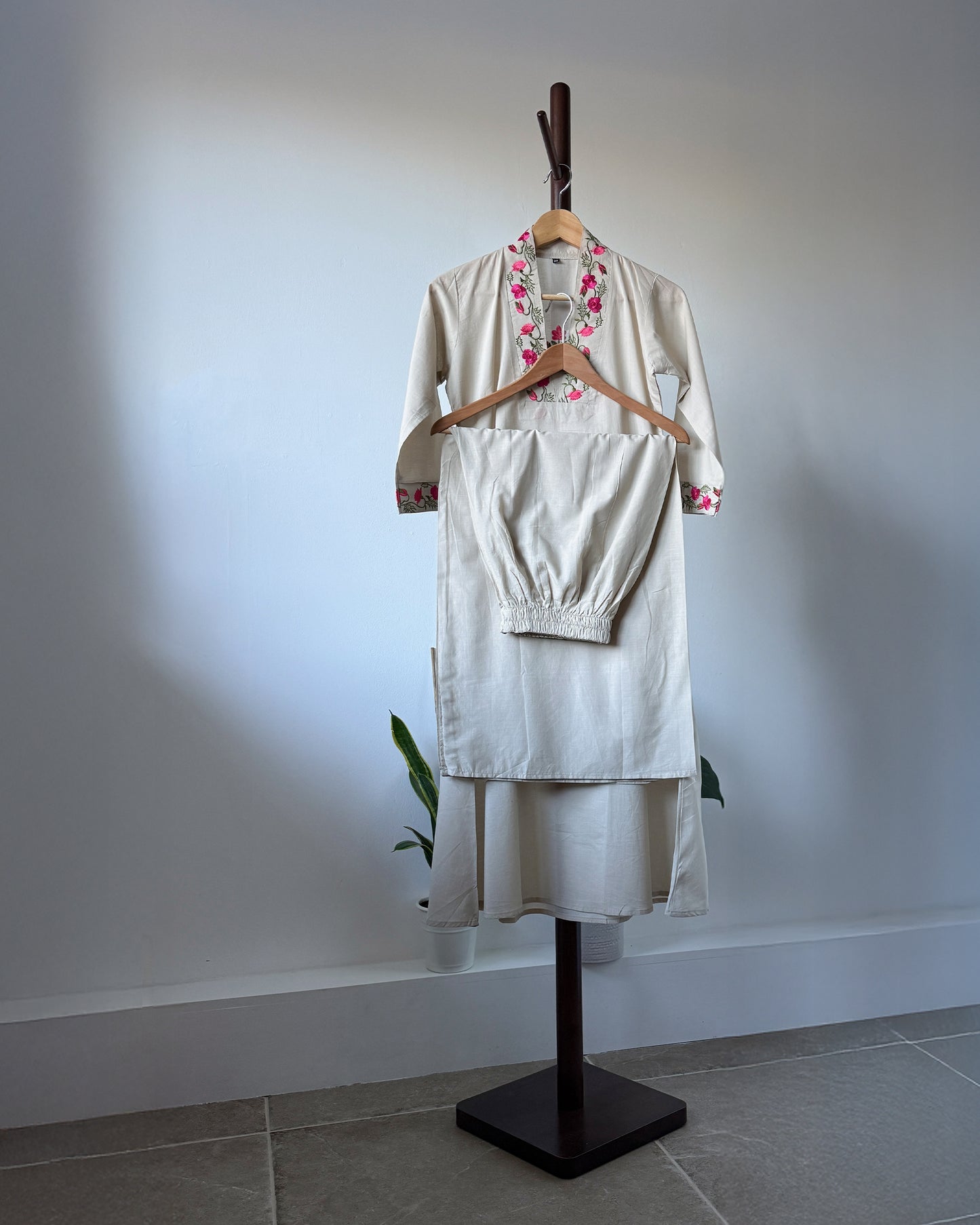 Embroidered Cotton Kurta Set - Beige with Pink Floral Detailing