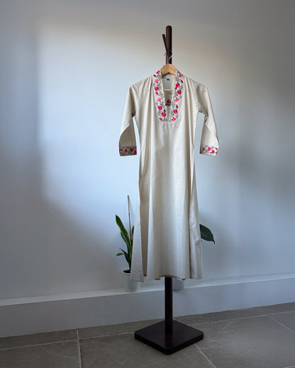 Embroidered Cotton Kurta Set - Beige with Pink Floral Detailing