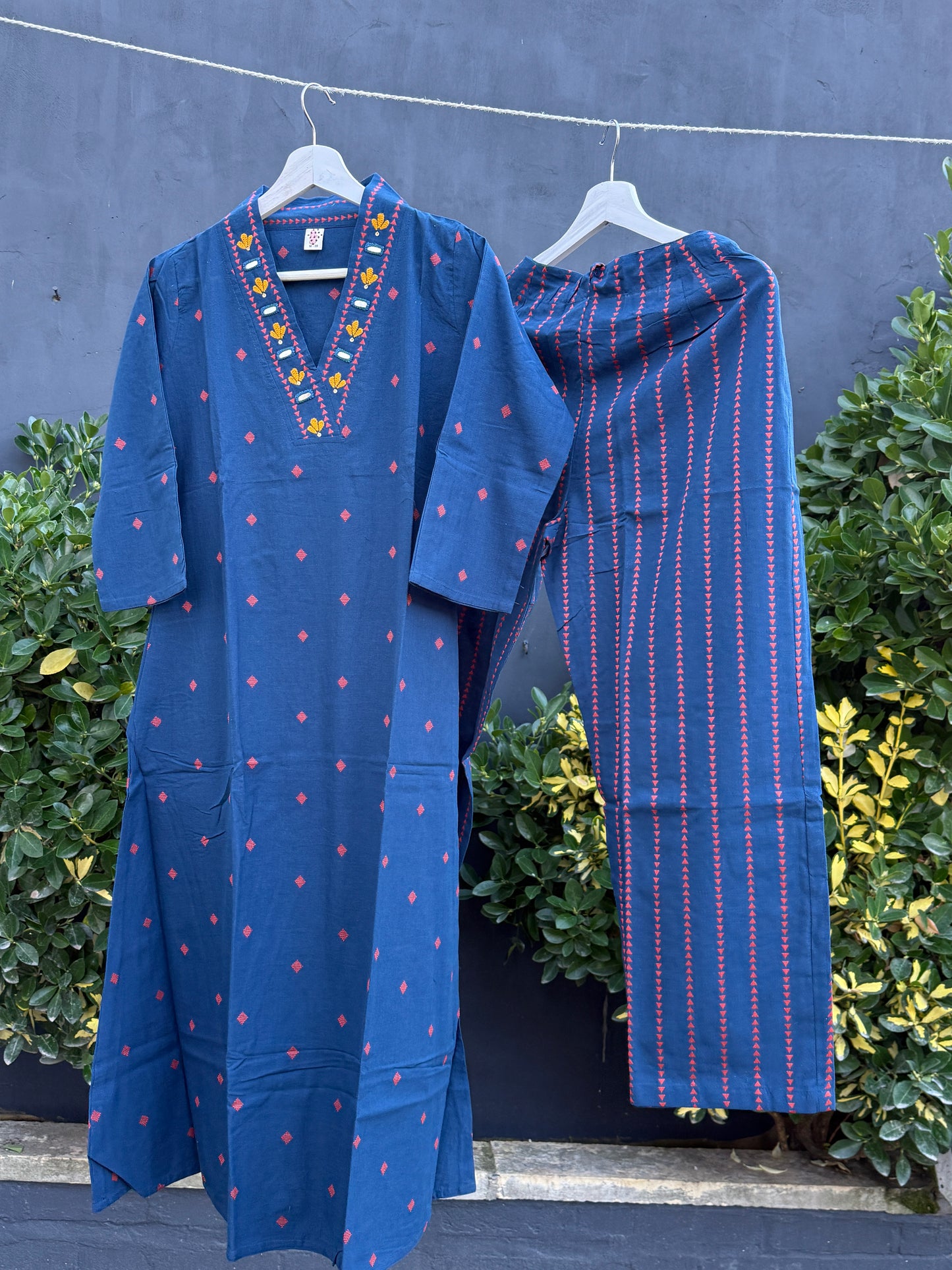 Embroidered Cotton Kurta Set - Navy Blue with Mirror work