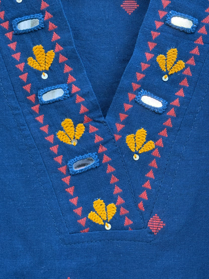Embroidered Cotton Kurta Set - Navy Blue with Mirror work