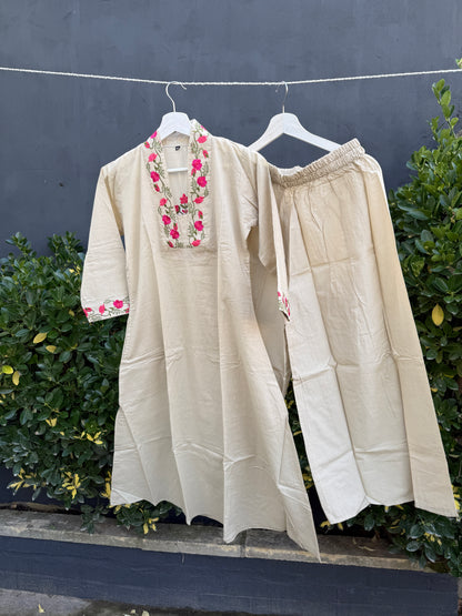 Embroidered Cotton Kurta Set - Beige with Pink Floral Detailing