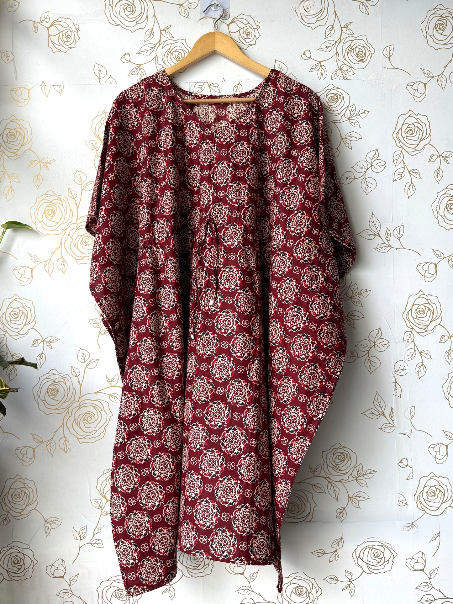 Maroon Block-Print Maxi Kaftan