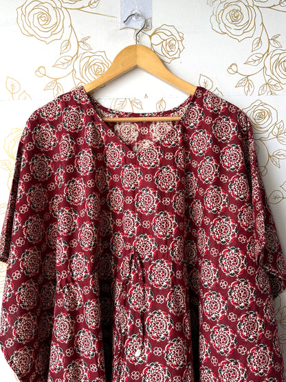 Maroon Block-Print Maxi Kaftan