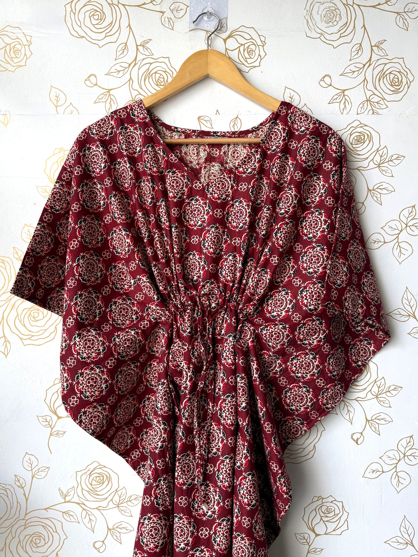 Maroon Block-Print Maxi Kaftan
