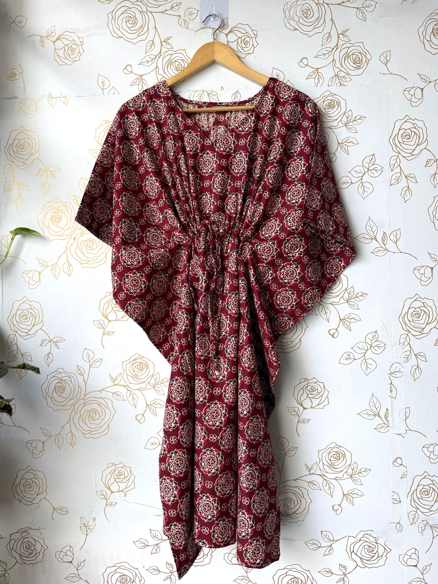 Maroon Block-Print Maxi Kaftan