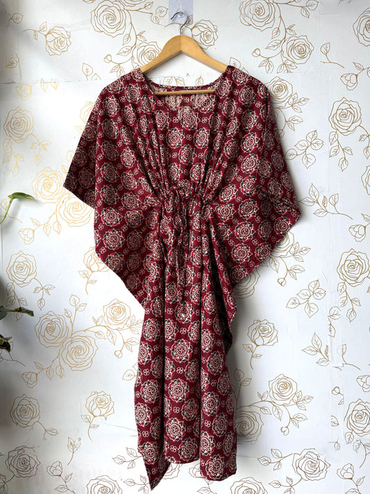 Maroon Block-Print Maxi Kaftan