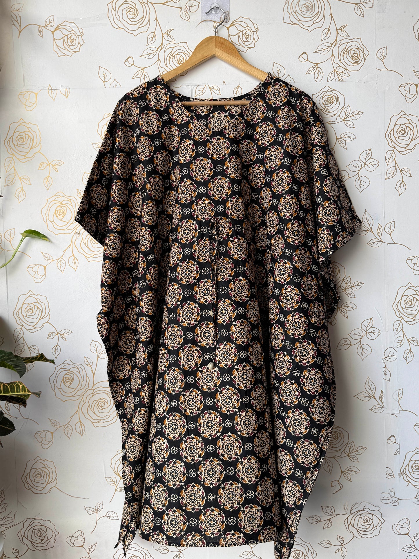 Black Block-Print Maxi Kaftan