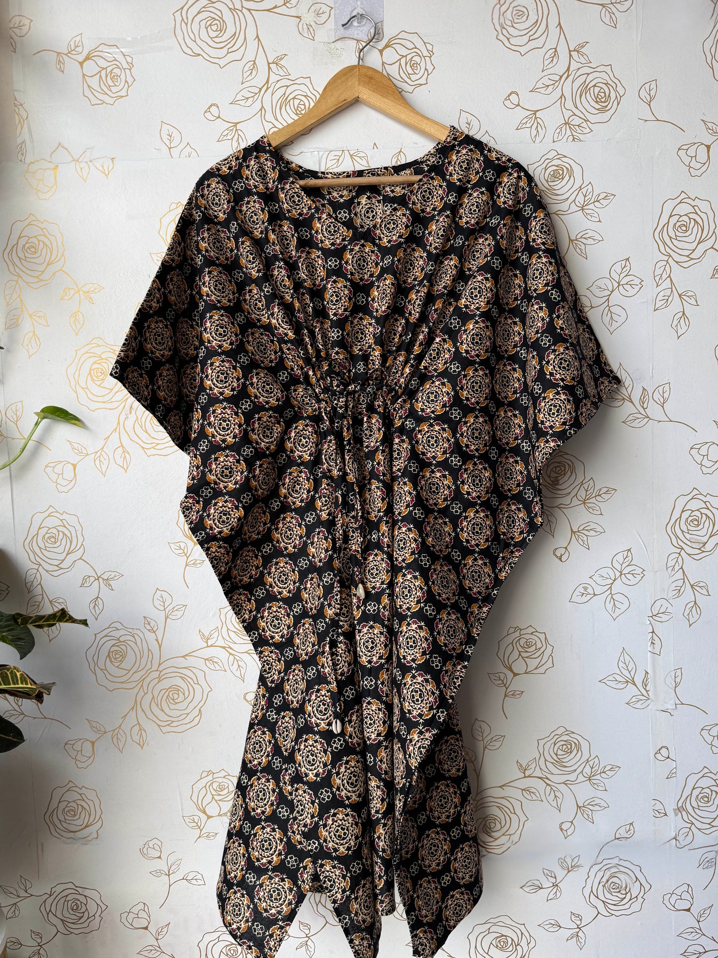 Black Block-Print Maxi Kaftan