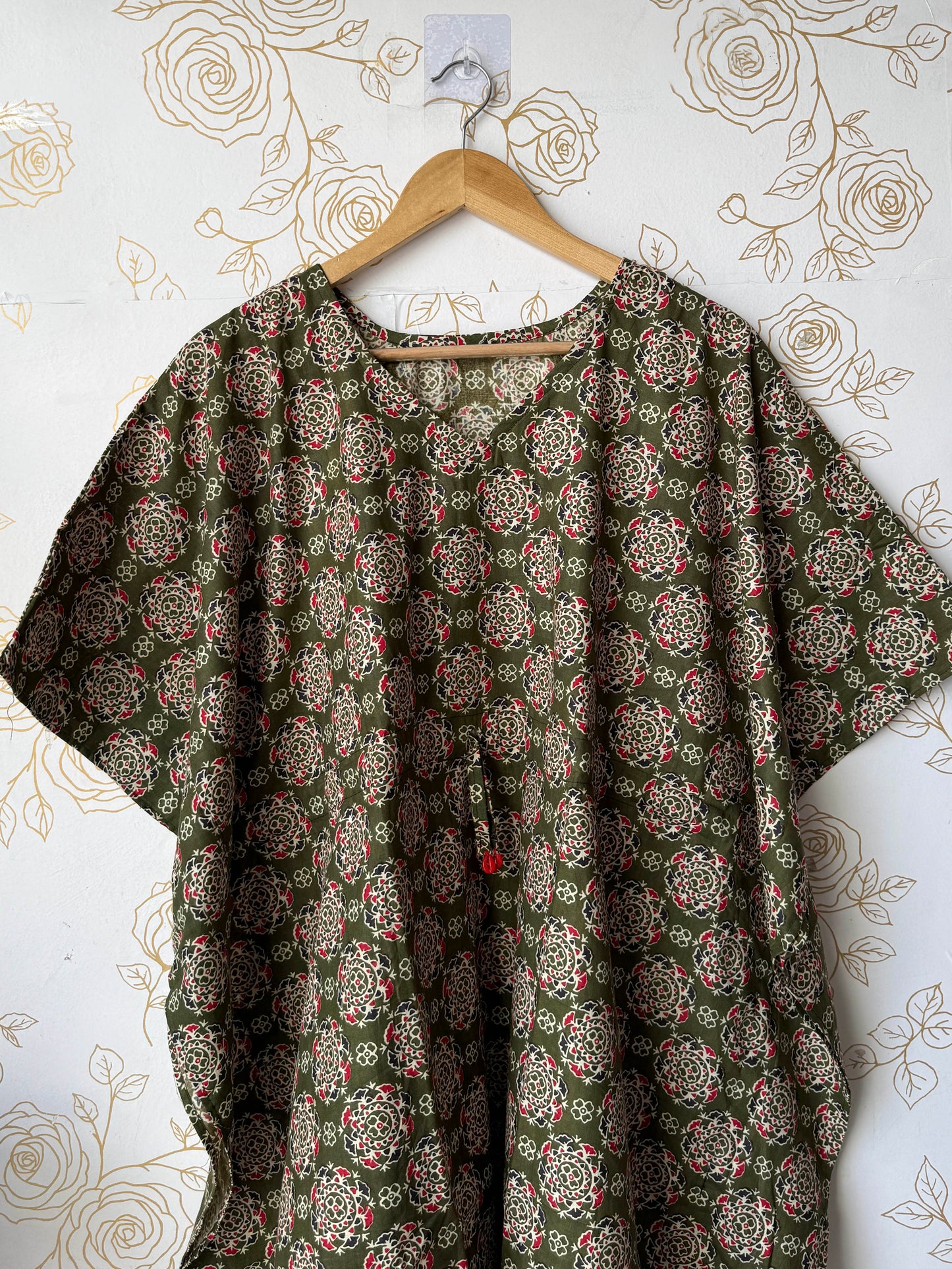 Olive Block-Print Maxi Kaftan