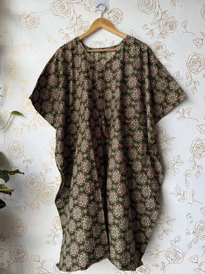 Olive Block-Print Maxi Kaftan