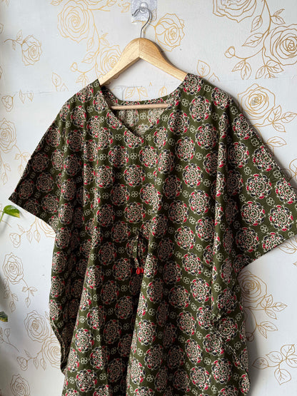 Olive Block-Print Maxi Kaftan