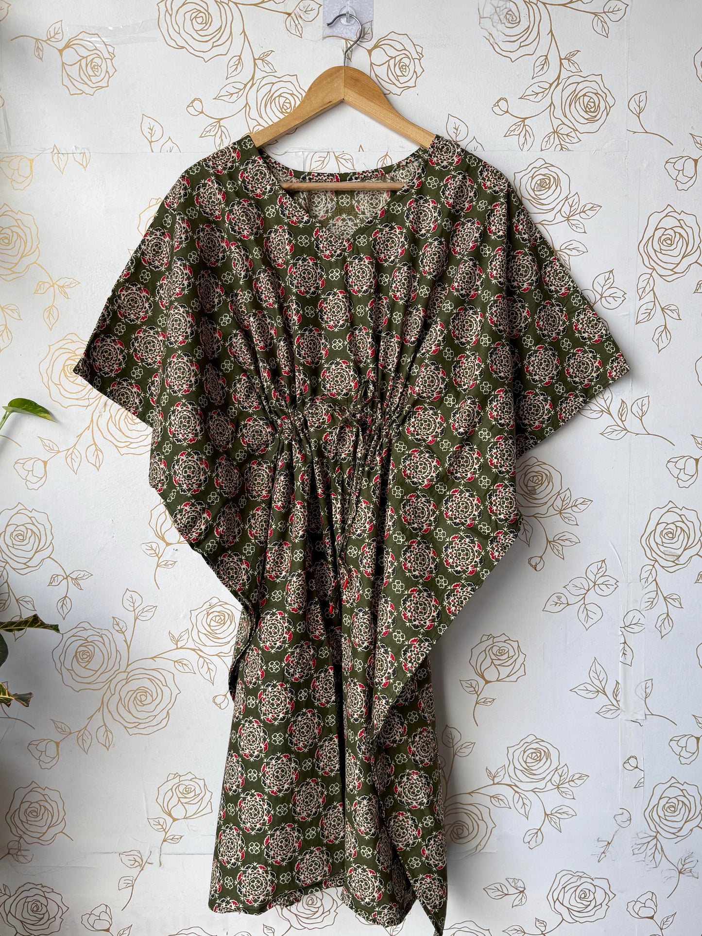 Olive Block-Print Maxi Kaftan
