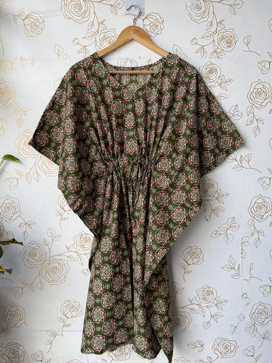 Olive Block-Print Maxi Kaftan