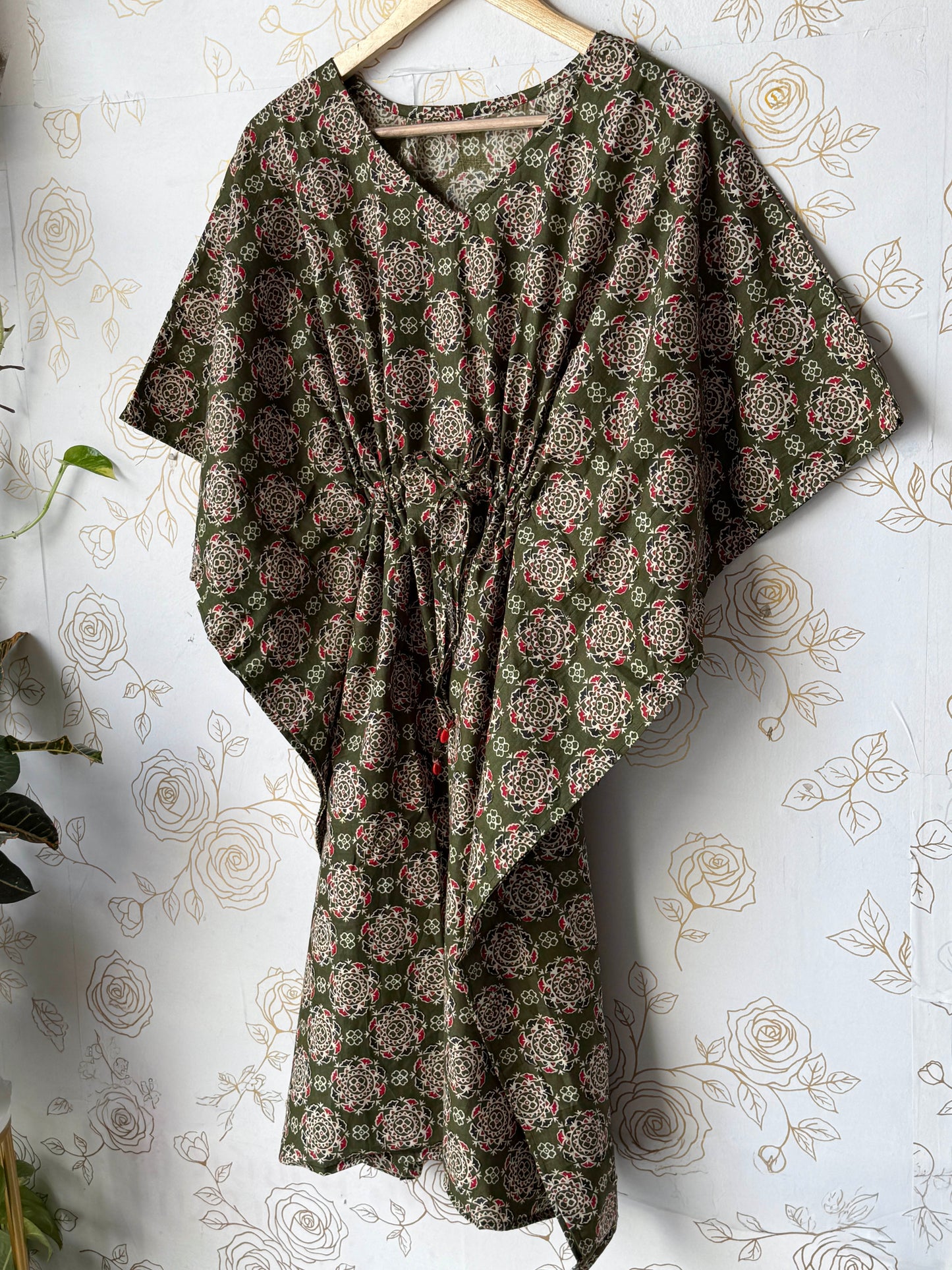 Olive Block-Print Maxi Kaftan