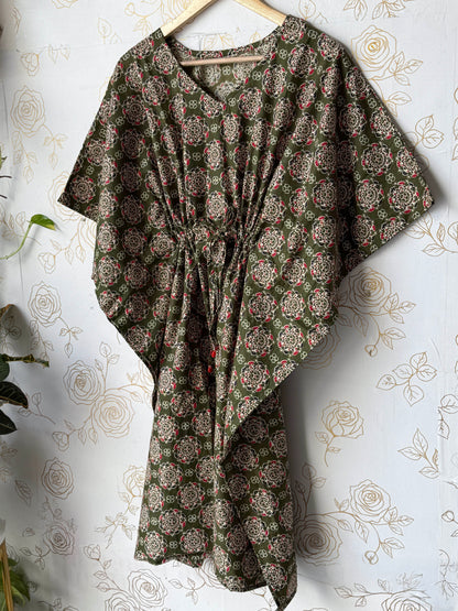 Olive Block-Print Maxi Kaftan