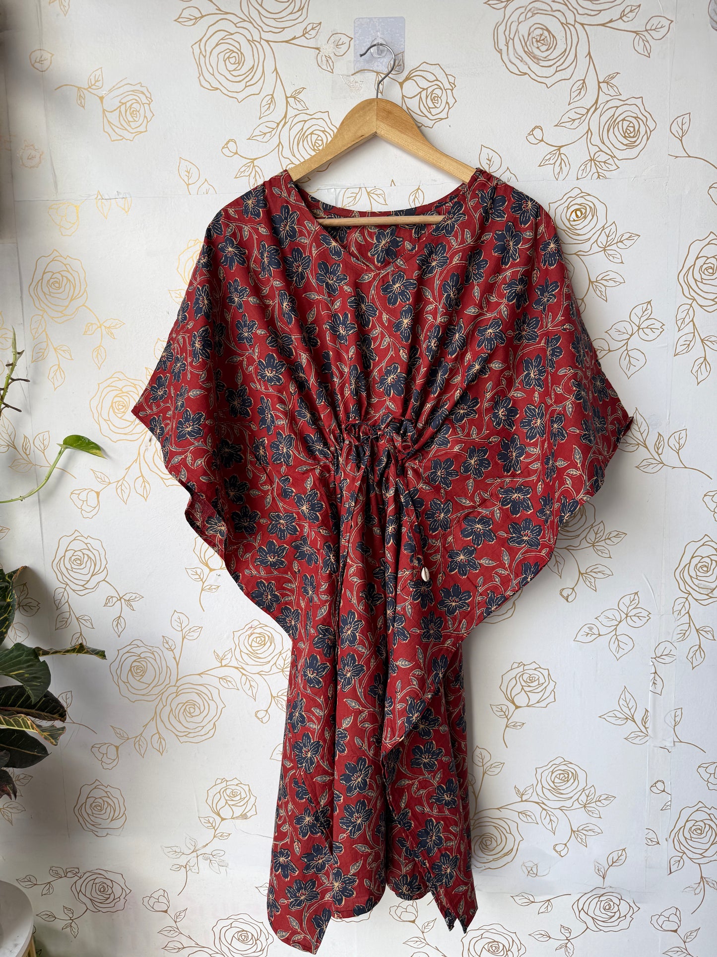 Rust Vine-Floral Maxi Kaftan