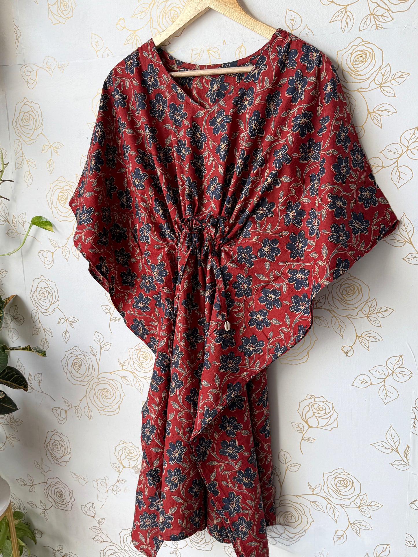 Rust Vine-Floral Maxi Kaftan