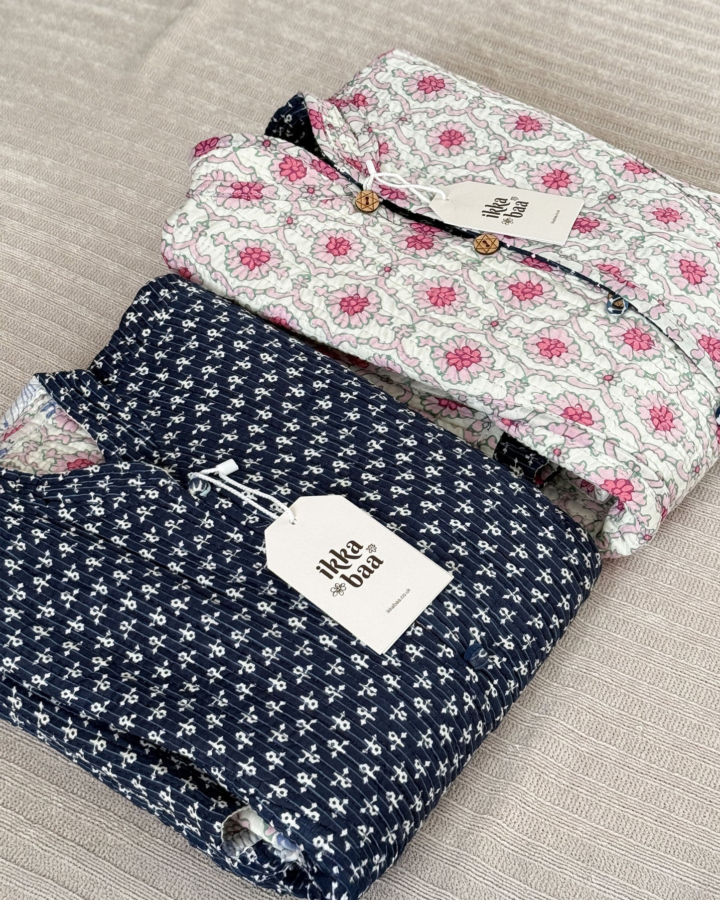 Reversible Quilted Cotton Jacket - Navy and Pink Block Print