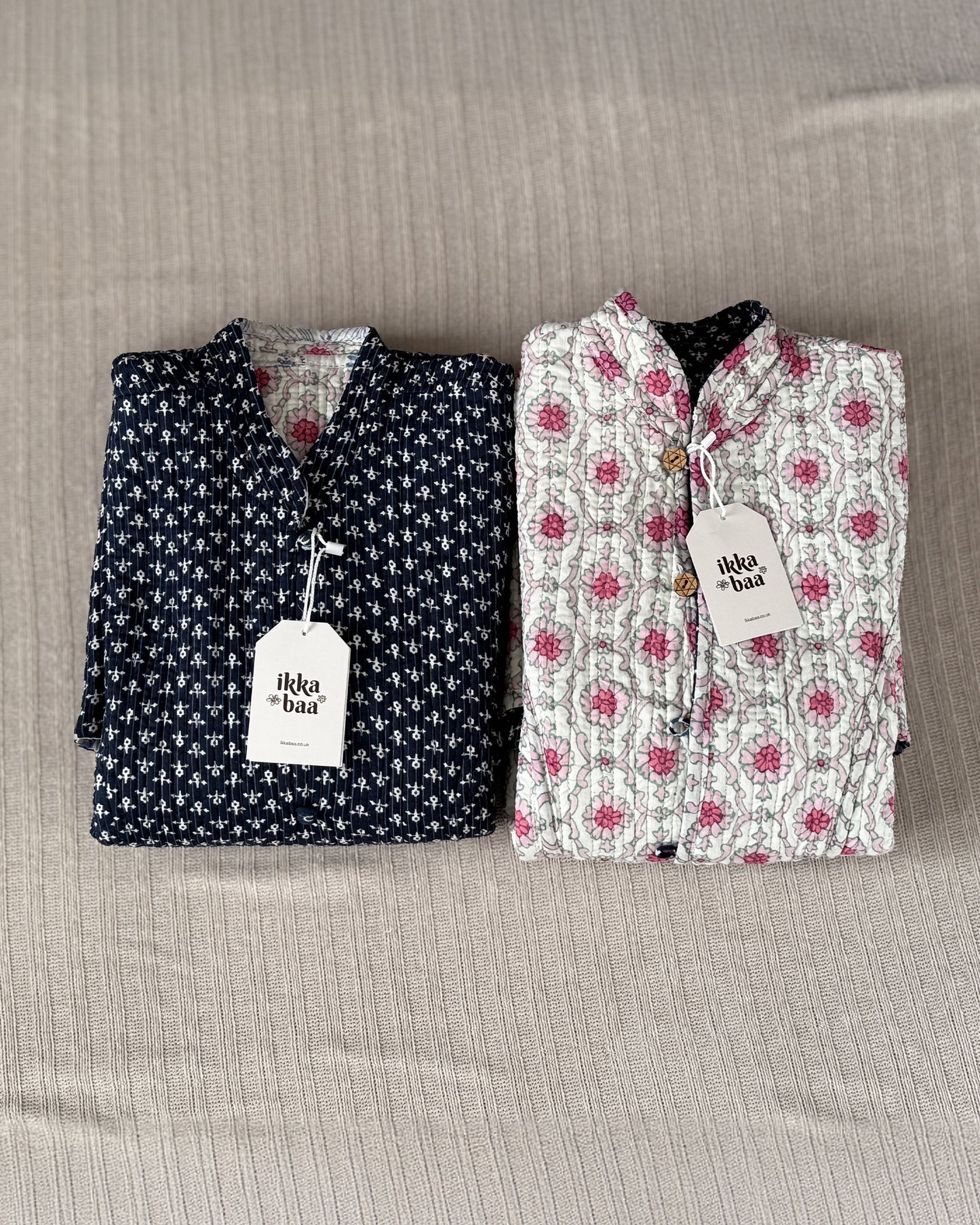 Reversible Quilted Cotton Jacket - Navy and Pink Block Print