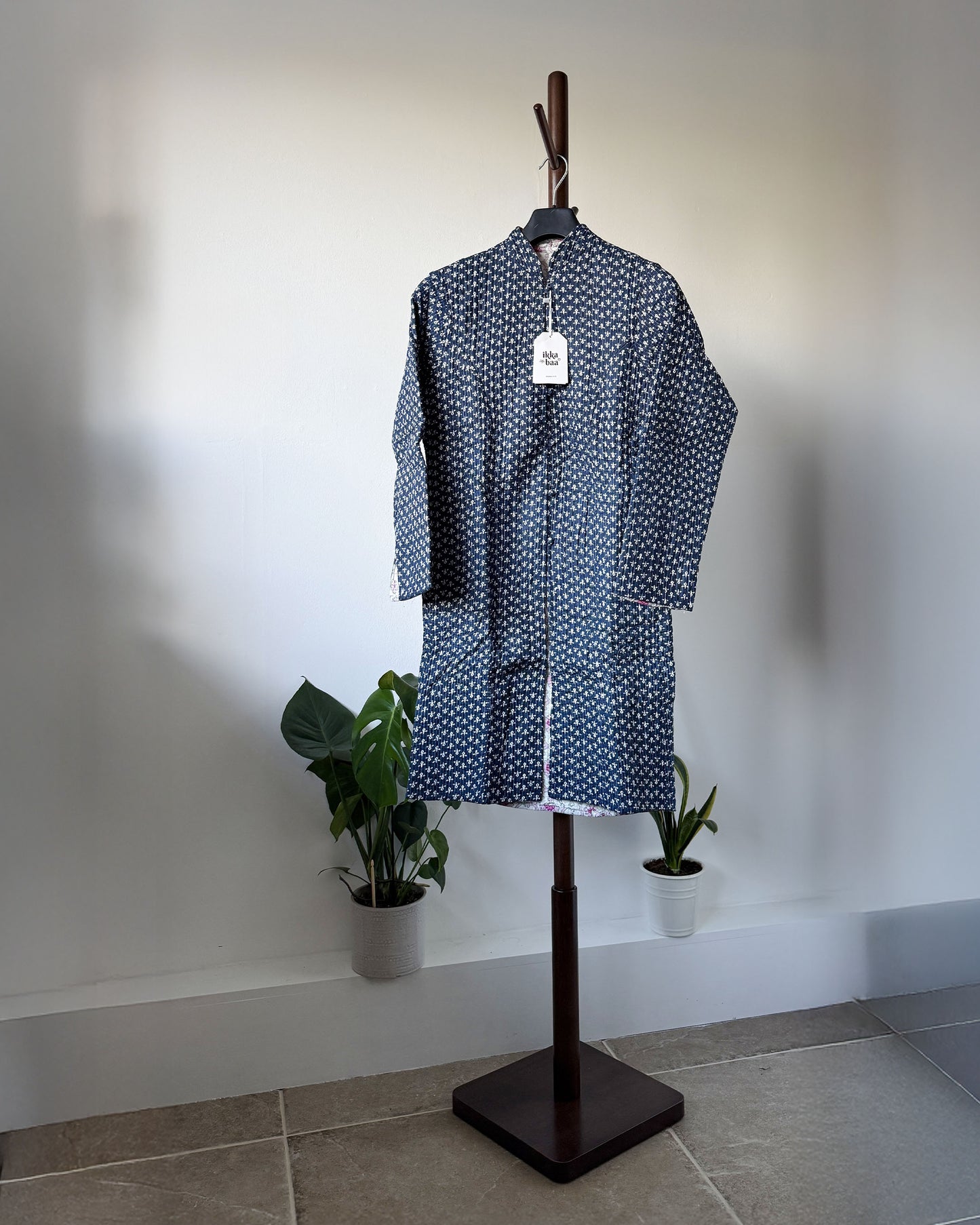 Reversible Quilted Cotton Jacket - Navy and Pink Block Print