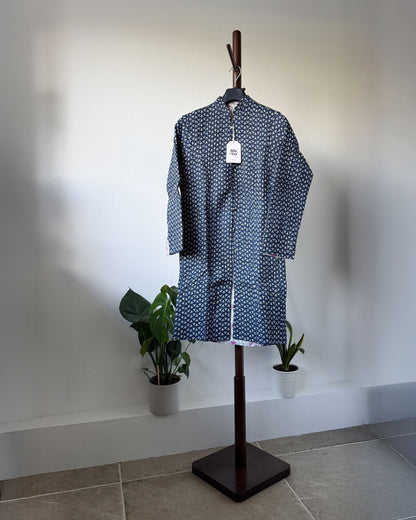 Reversible Quilted Cotton Jacket - Navy and Pink Block Print