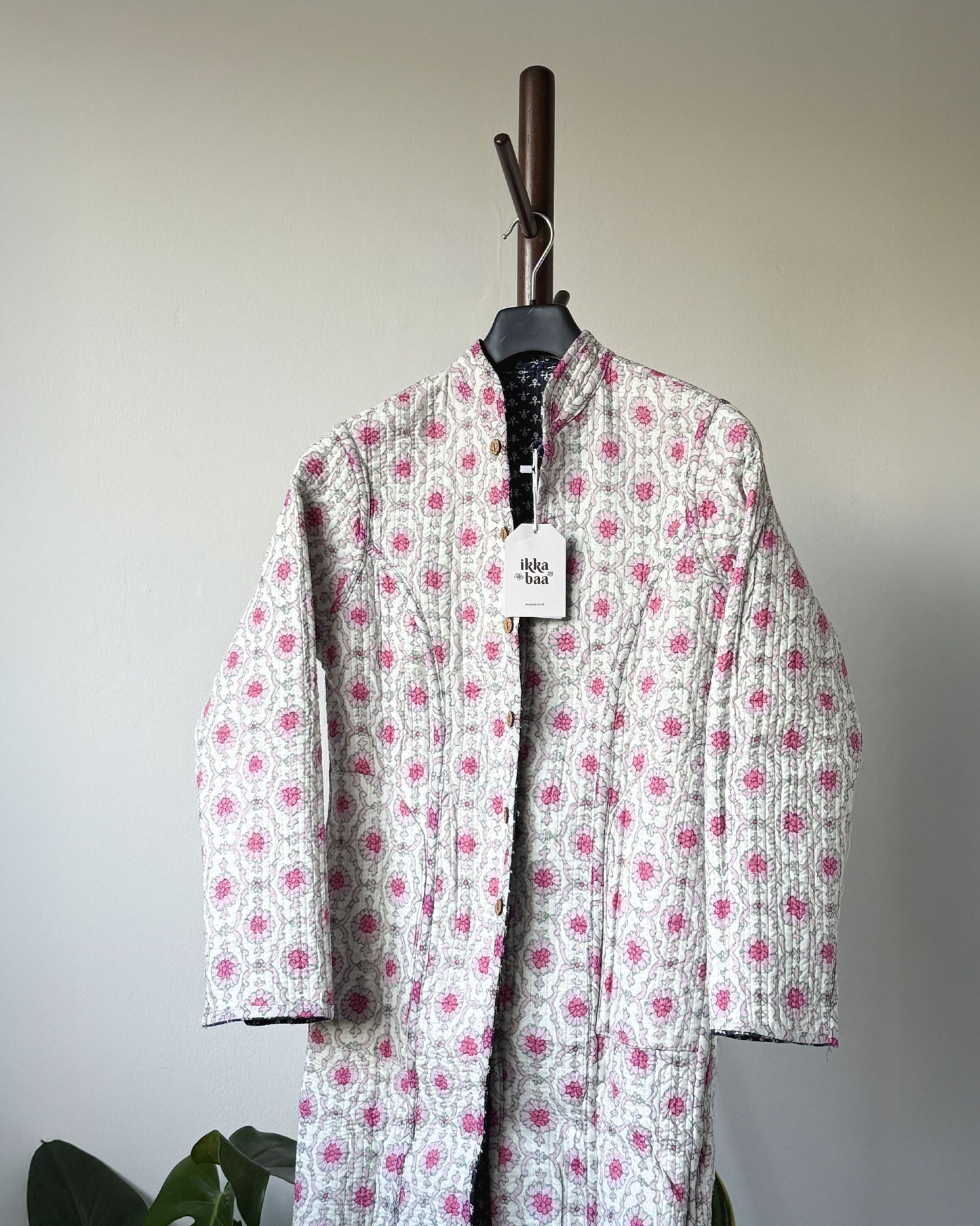 Reversible Quilted Cotton Jacket - Navy and Pink Block Print