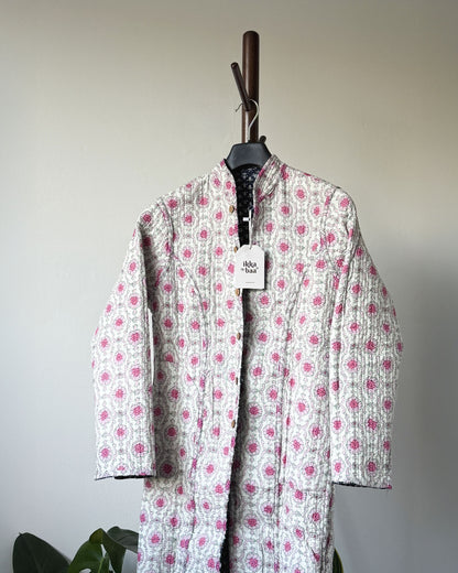 Reversible Quilted Cotton Jacket - Navy and Pink Block Print