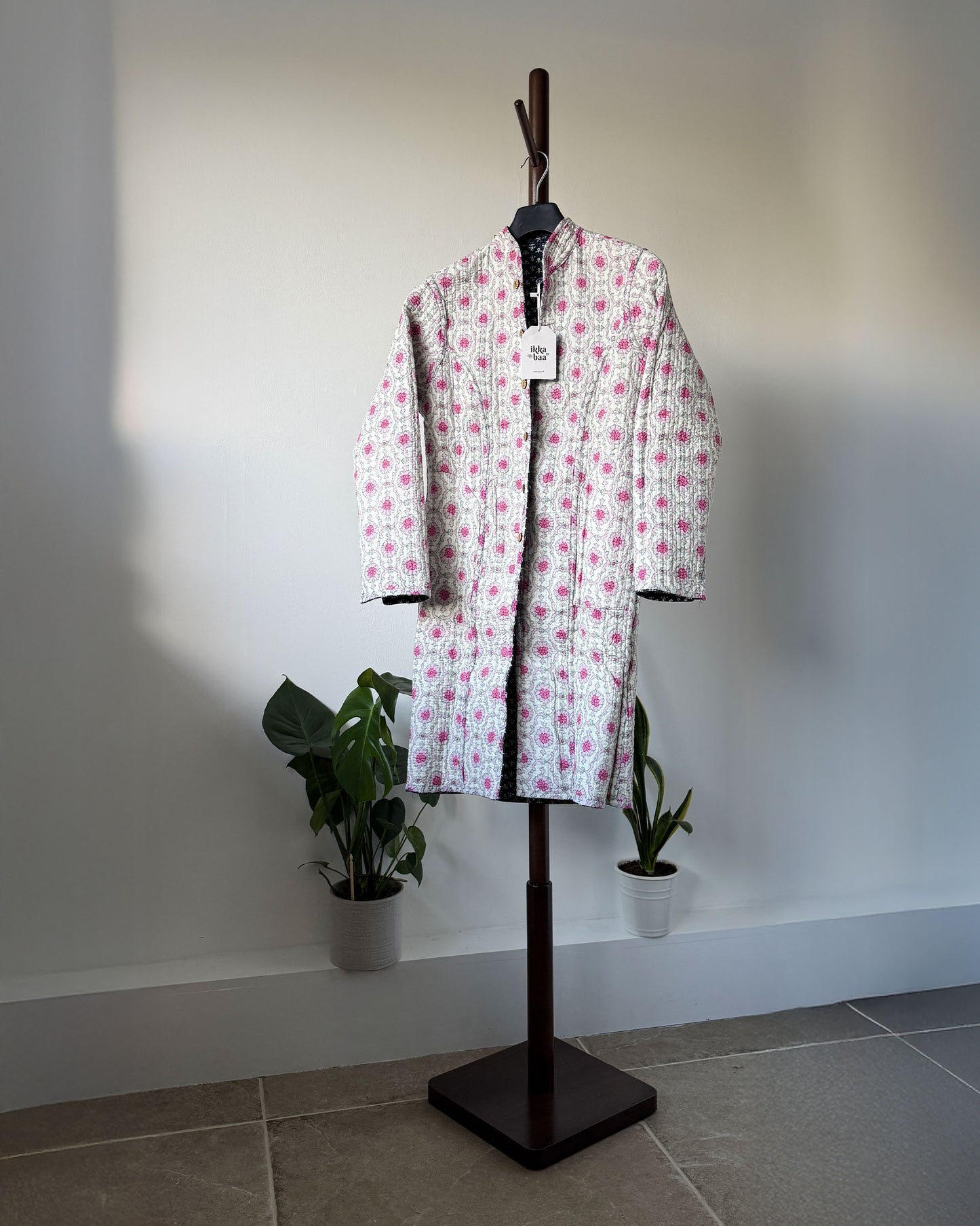 Reversible Quilted Cotton Jacket - Navy and Pink Block Print