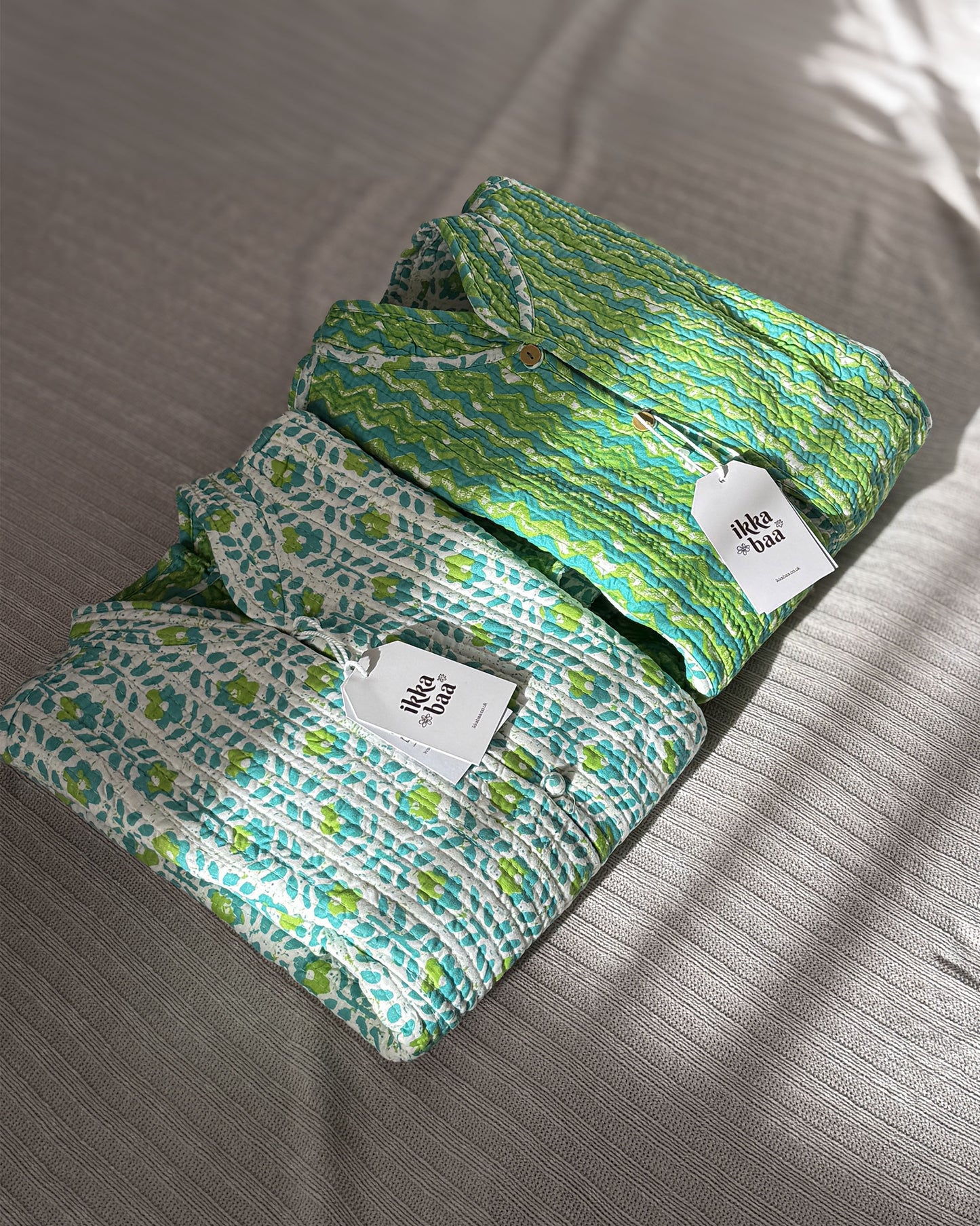 Reversible Quilted Cotton Jacket - Green Block Print