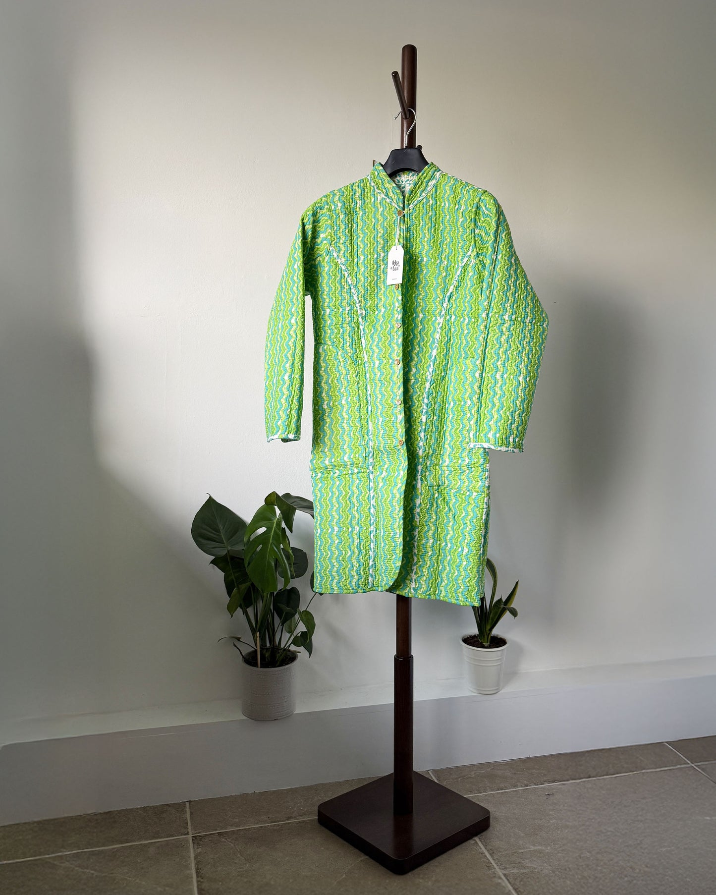 Reversible Quilted Cotton Jacket - Green Block Print