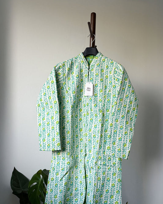 Reversible Quilted Cotton Jacket - Green Block Print