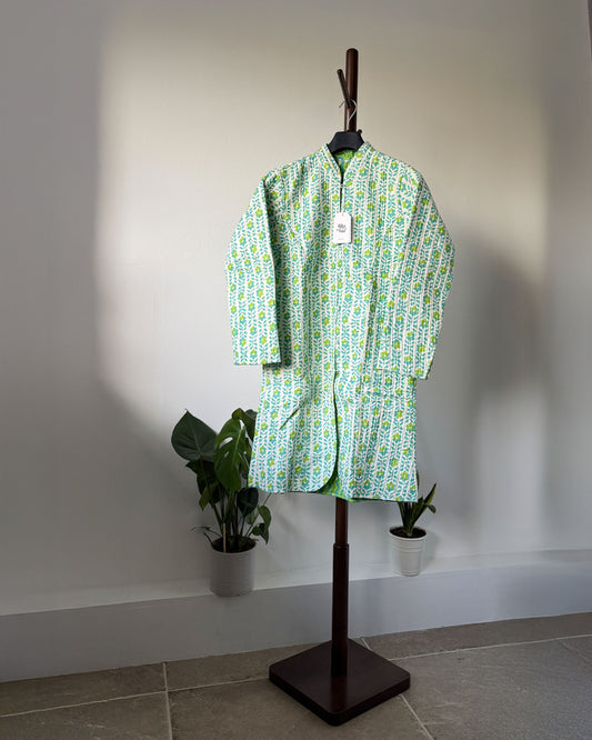 Reversible Quilted Cotton Jacket - Green Block Print
