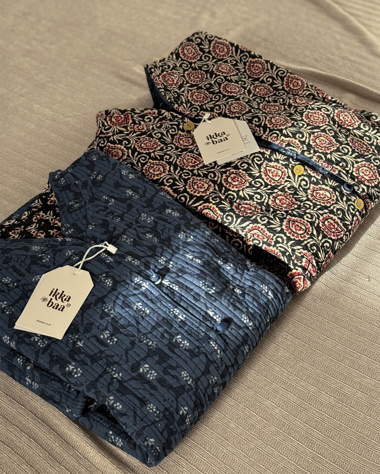 Reversible Quilted Cotton Jacket - Black and Red Block Print