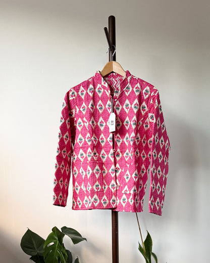 Reversible Quilted Cotton Jacket - Pink Diamond Block Print