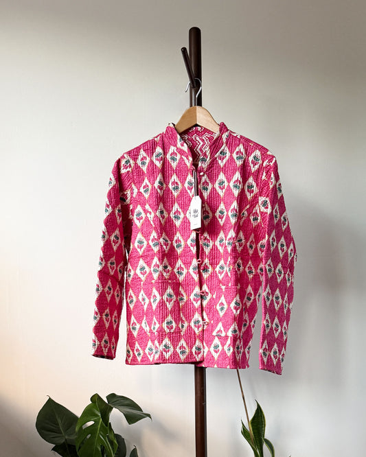 Reversible Quilted Cotton Jacket - Pink Diamond Block Print